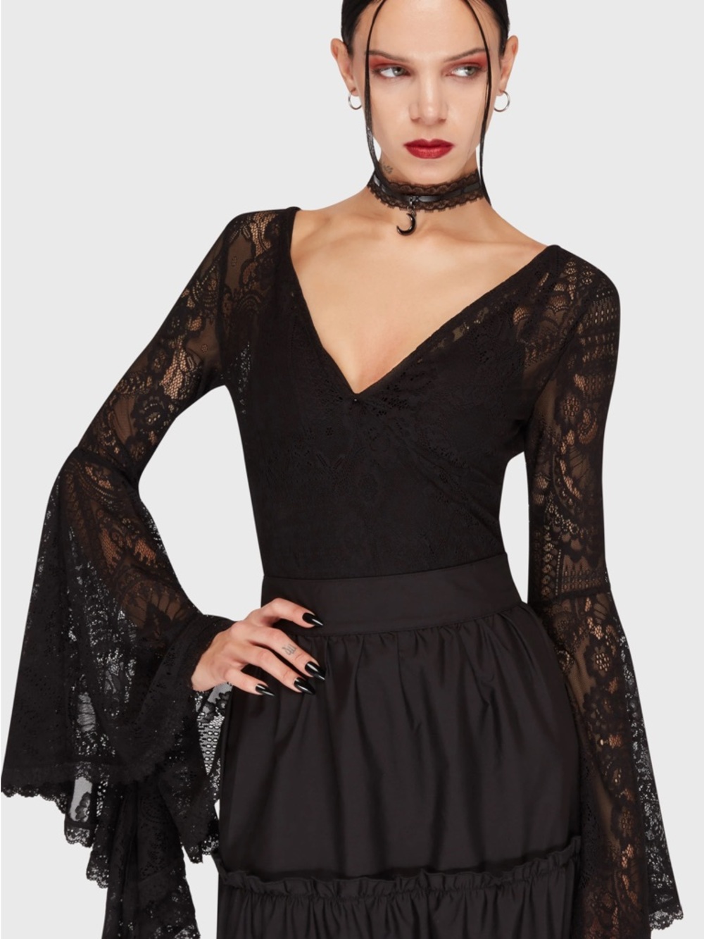 Killstar Black Lace Bell Sleeve Bodysuit
